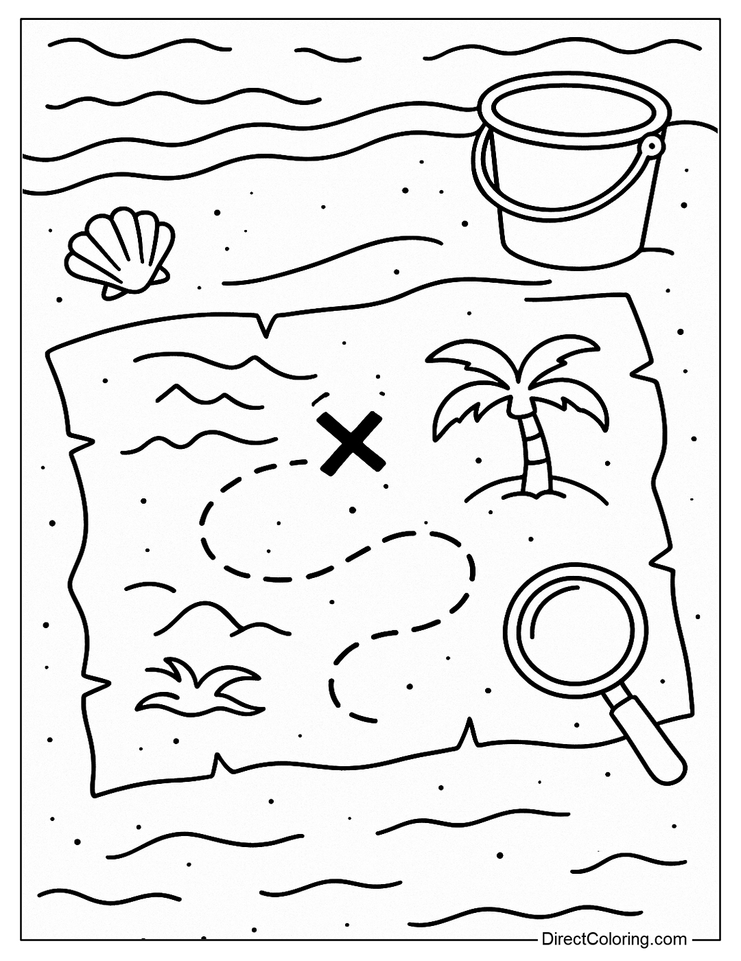 a beach coloring page with a treasure map drawn on the sand with an X, with a bucket, shells, and a magnifying glass.
